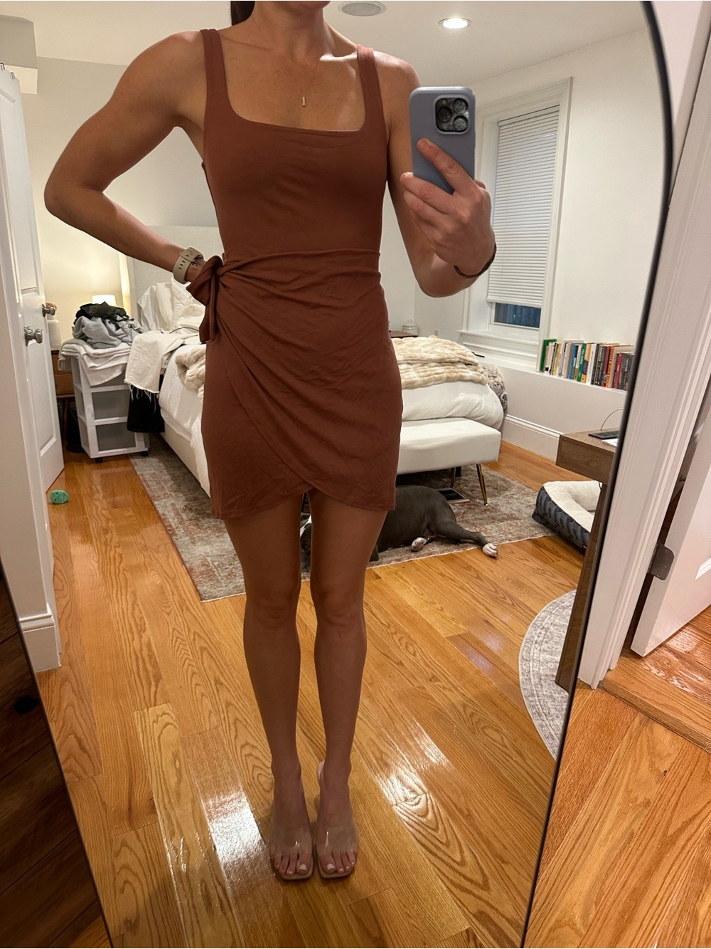 Aritzia Brown Sleeveless Square-Neck Tie-Side Mini Dress
